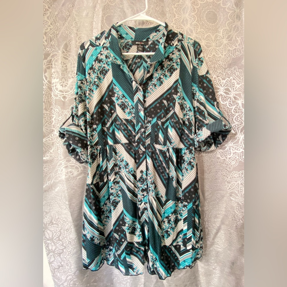 Style & Co Women's Green & Gray Print Button Down Tunic Top  Size XL NWOT